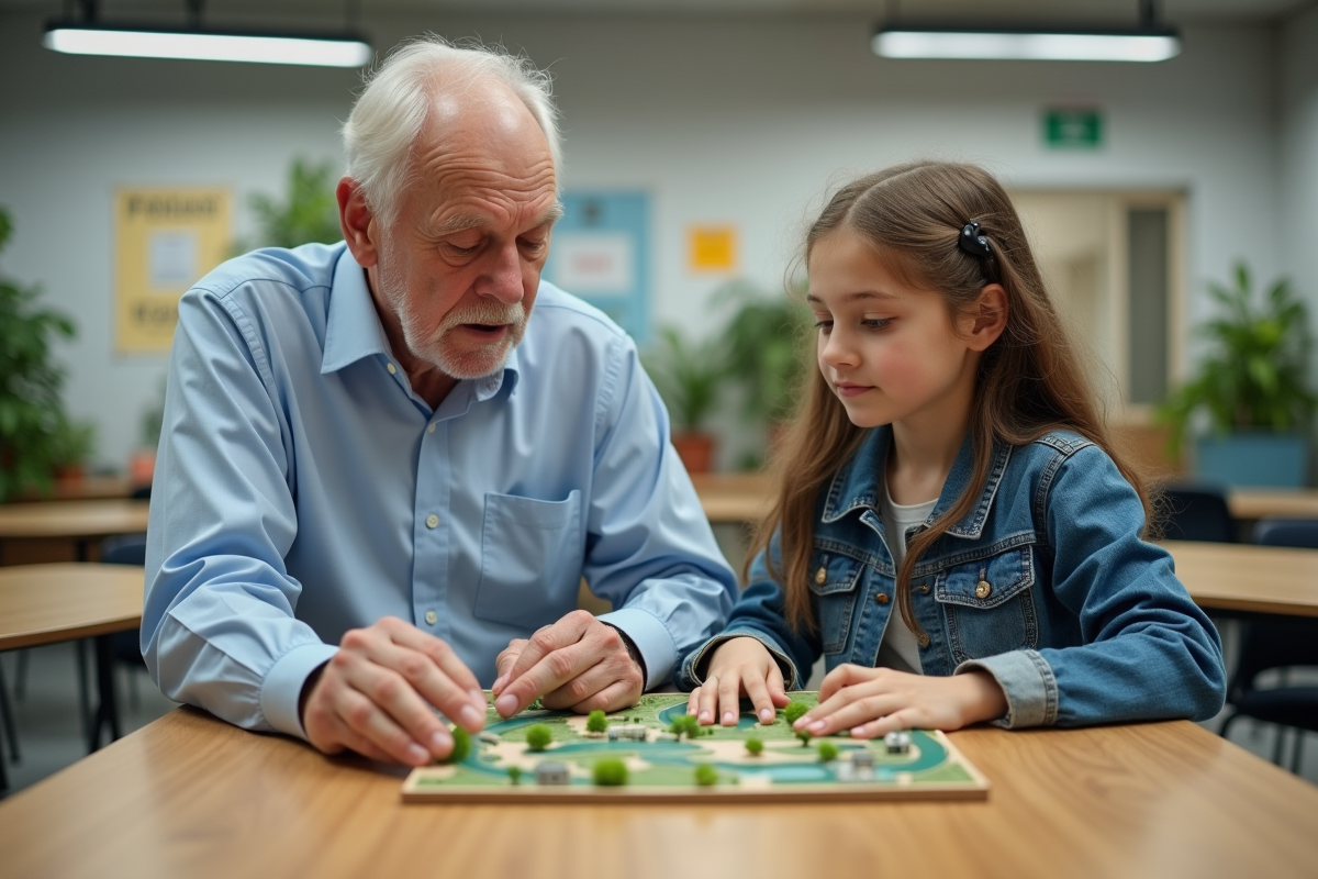 Adolescent et enseignant examinent un modele de economie circulaire