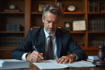 Avocat en costume examinant des documents juridiques