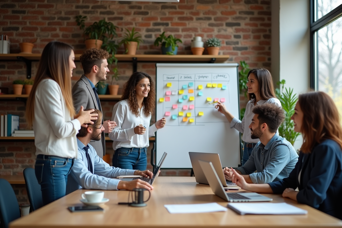 Groupe de jeunes professionnels en brainstorming en coworking