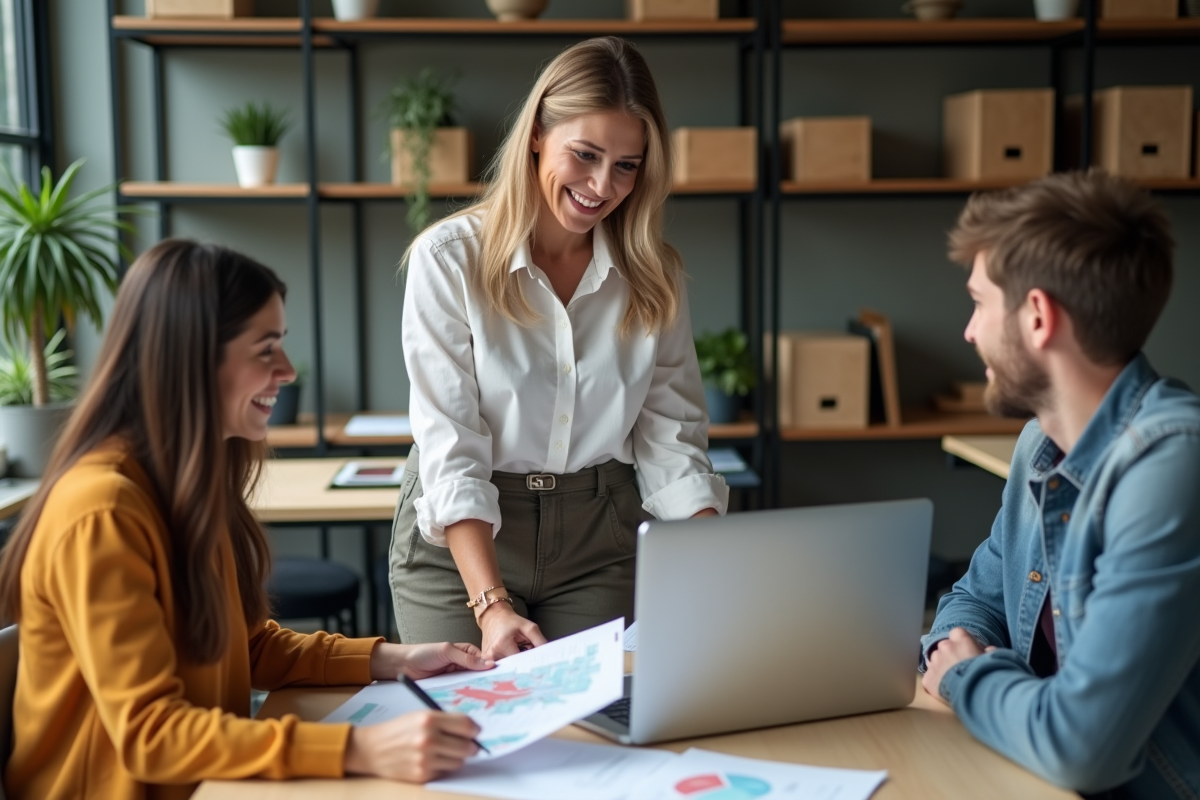 Consultante souriante avec clients dans un espace de coworking