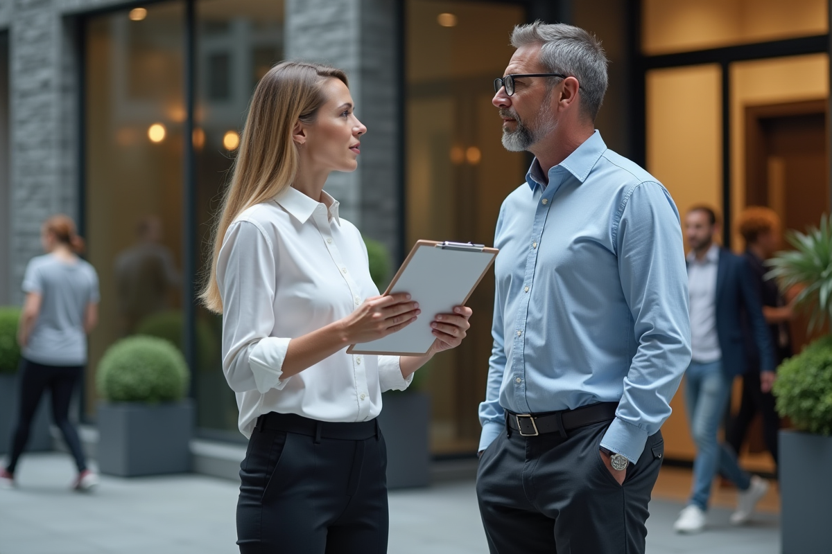 Homme et femme discutant devant un bâtiment d entreprise