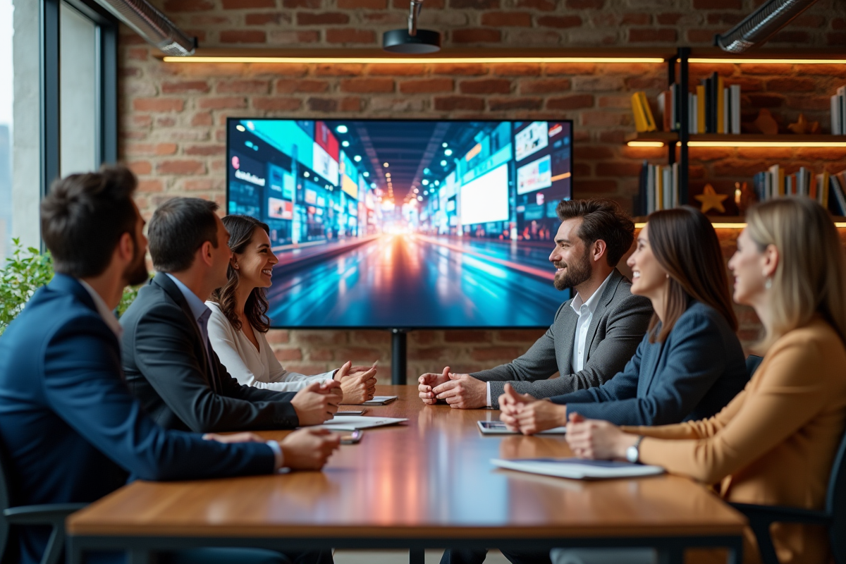 Groupe de professionnels créatifs discutant devant un écran