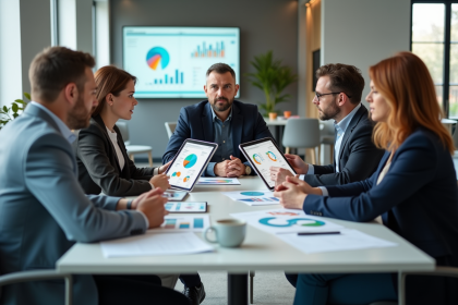 Groupe de professionnels discutant autour de tableaux de feedback
