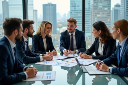 Groupe de professionnels en r&eacute;union d'affaires avec graphiques