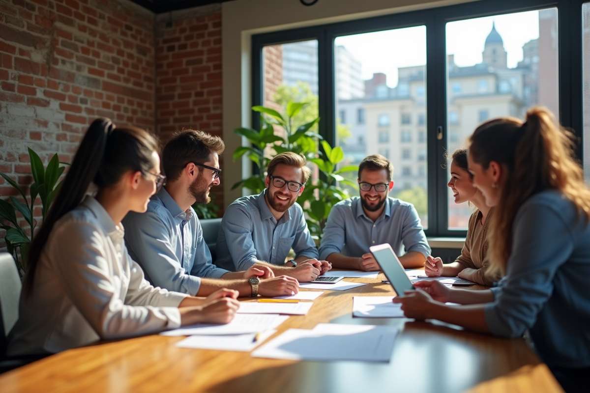 Groupe de jeunes professionnels discutant autour d une table en coworking