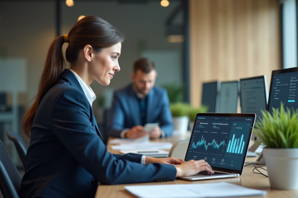 Femme d affaires en costume bleu interactant avec un tableau digital