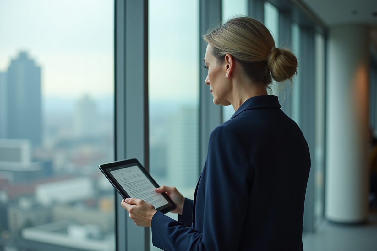 Femme d affaires regardant un document digital sur tablette