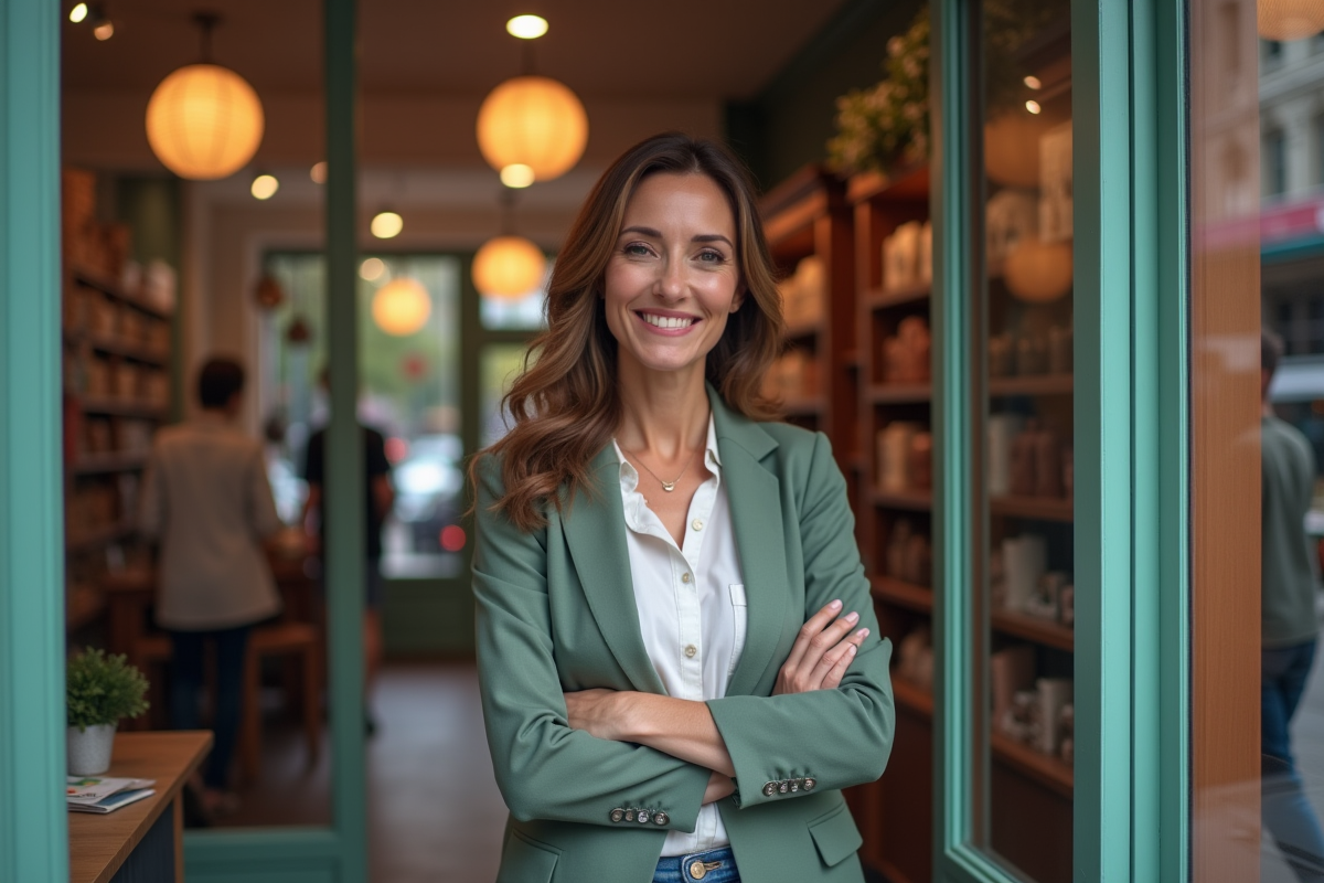 Femme d affaires accueillante devant sa boutique en ville