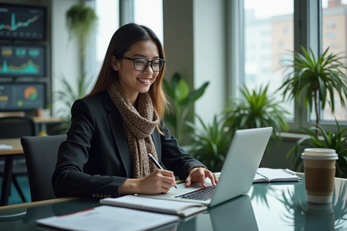 Jeune femme concentrée dans un bureau moderne avec écrans et notes