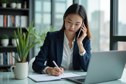 Jeune femme professionnelle multitâche dans un bureau moderne
