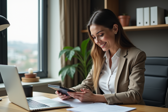 Femme en bureau home office avec ordinateur et calculatrice