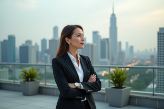 Femme d'affaires confiante sur un rooftop urbain