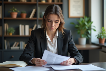 Femme en costume d'affaires examinant des documents juridiques