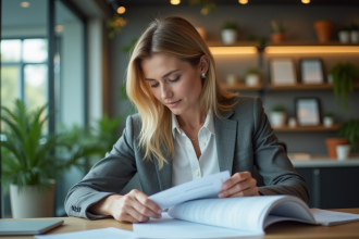 Femme d'affaires vérifiant des documents dans un bureau écologique