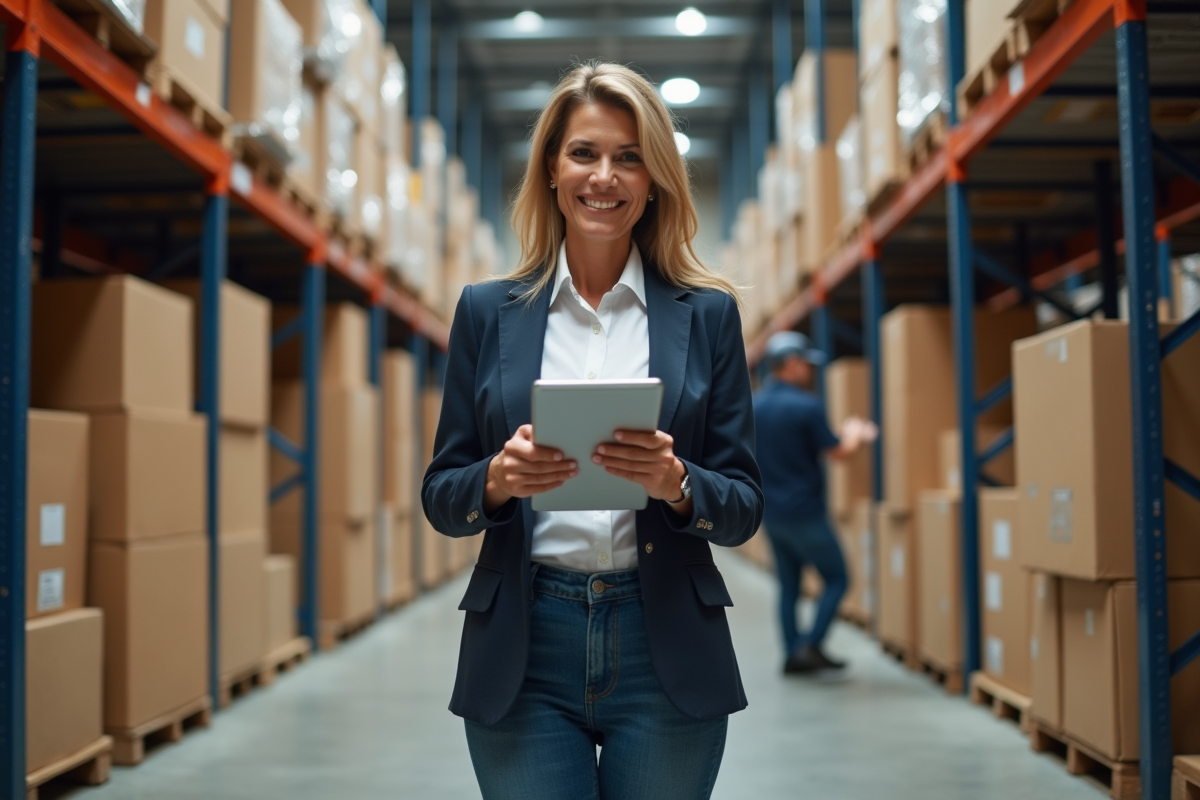 Femme entrepreneure dans un entrepôt moderne avec tablette