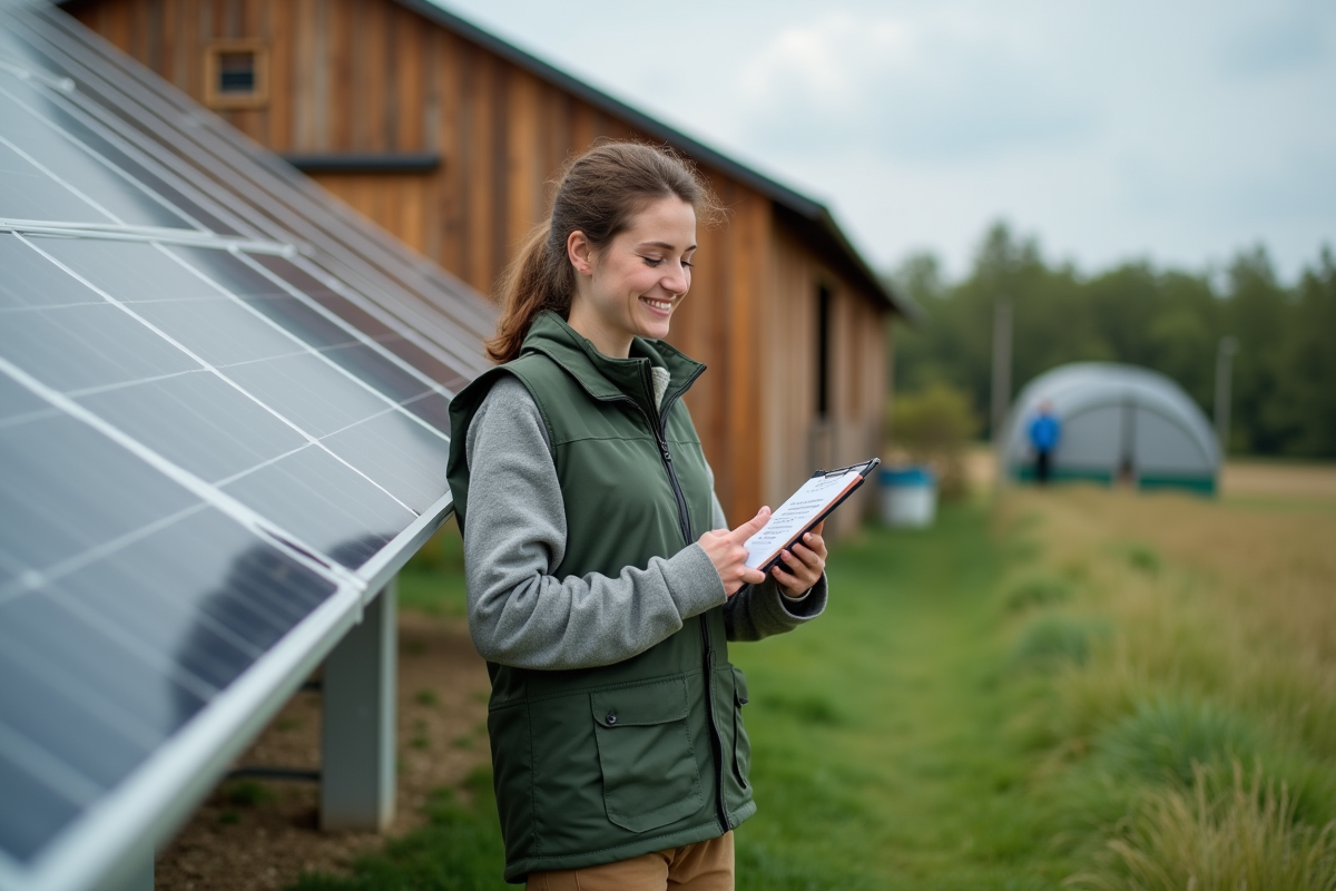 Jeune femme avec panneau solaire sur ferme durable