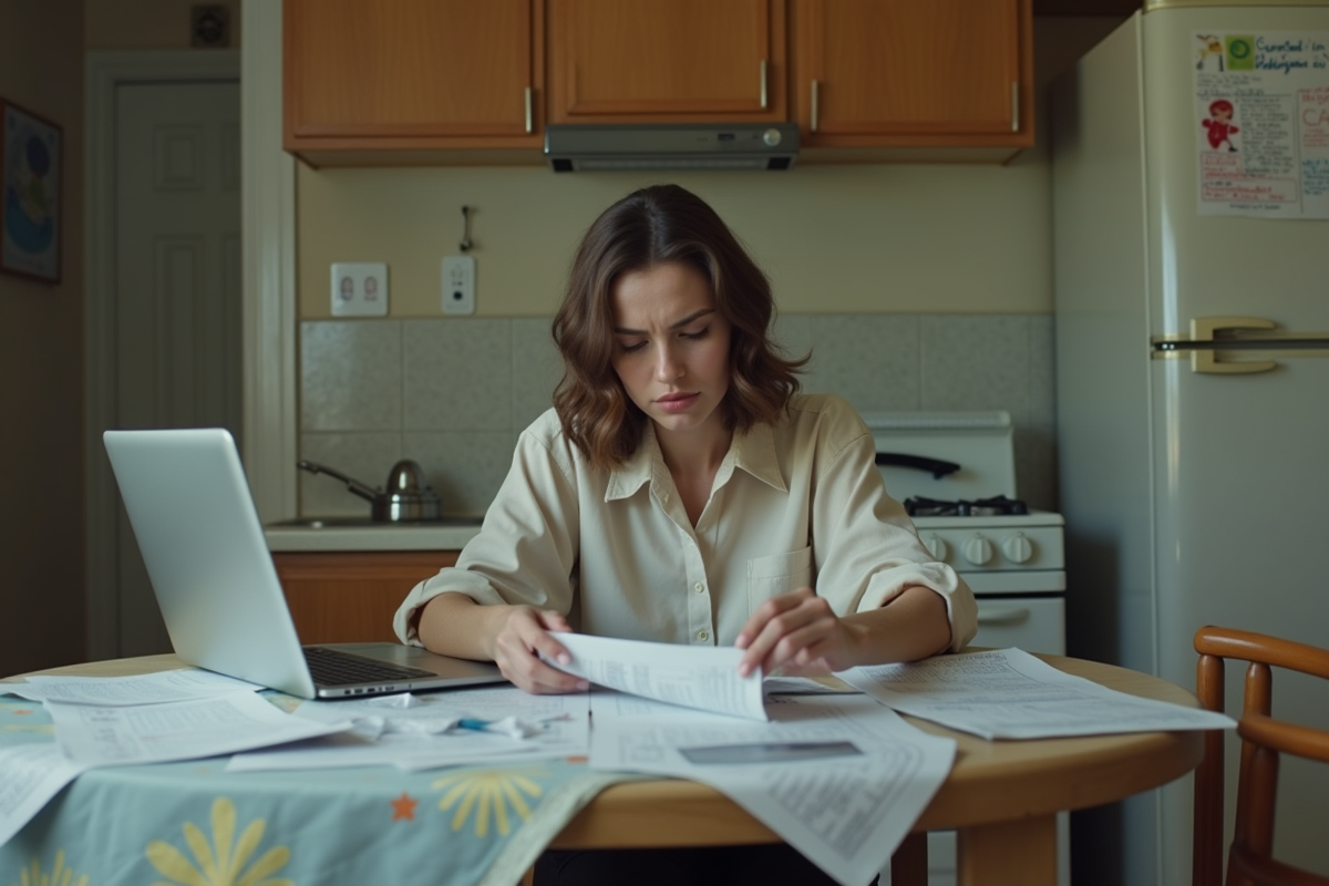Jeune femme dans sa cuisine avec factures et ordinateur portable