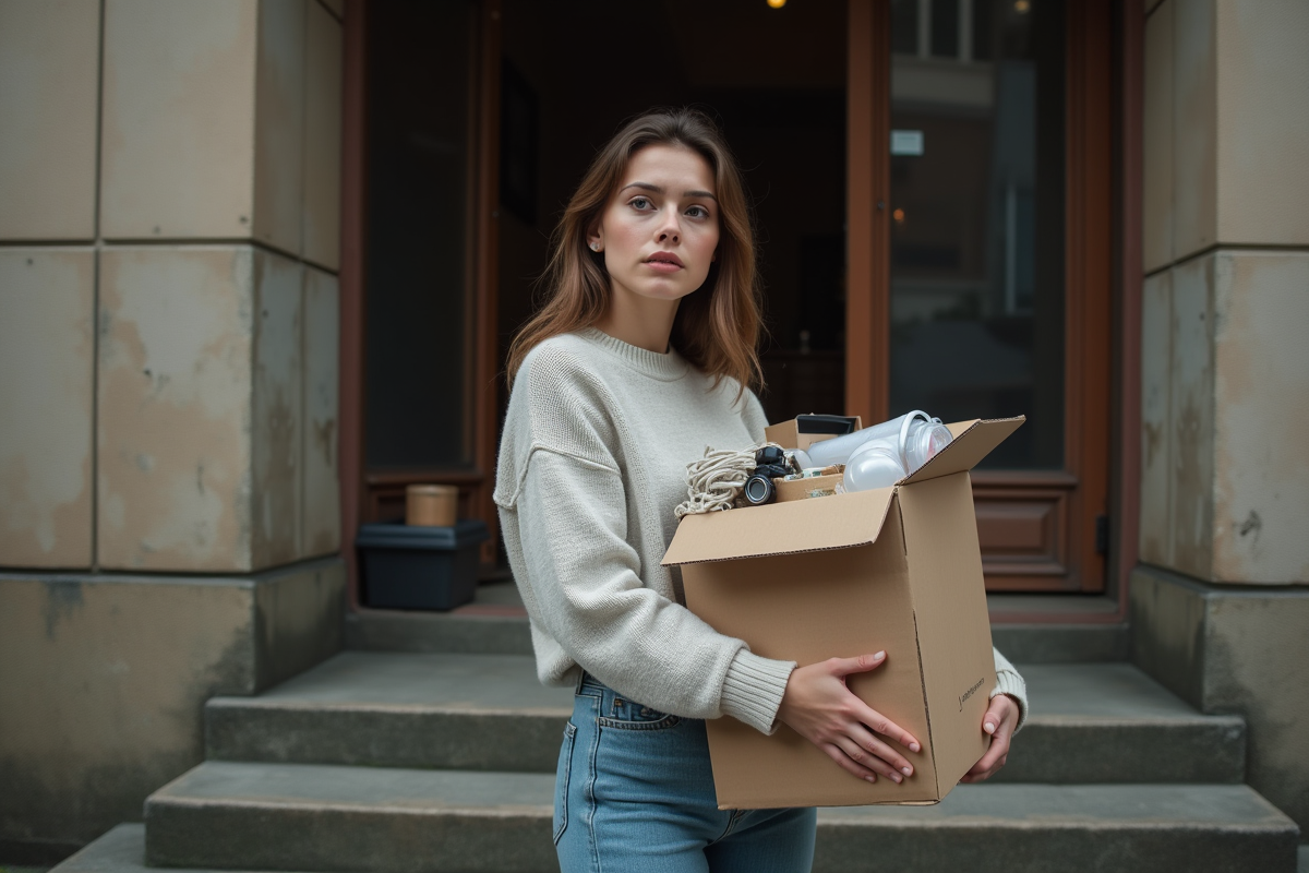 Jeune femme avec carton devant immeuble résidentiel