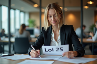 Femme d'affaires en réunion avec documents Loi 25