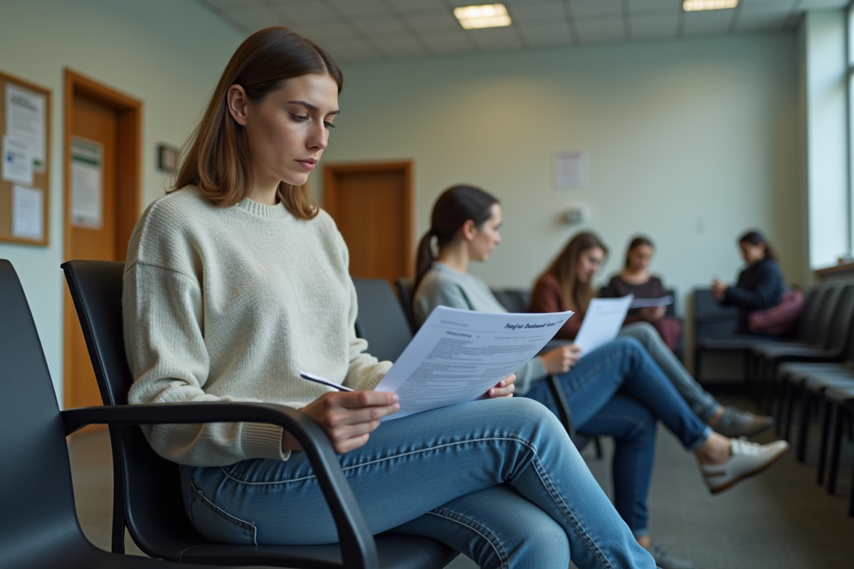 Femme assise dans un bureau administratif remplissant un formulaire