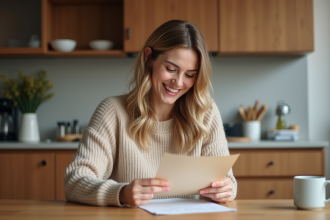 Femme souriante lisant un coupon à la maison