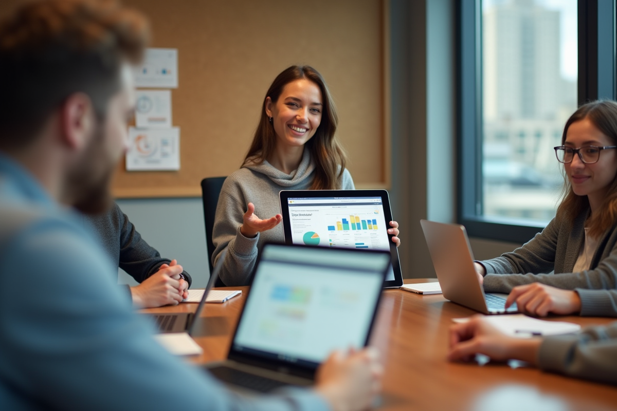 Jeune femme souriante montrant une tablette en réunion