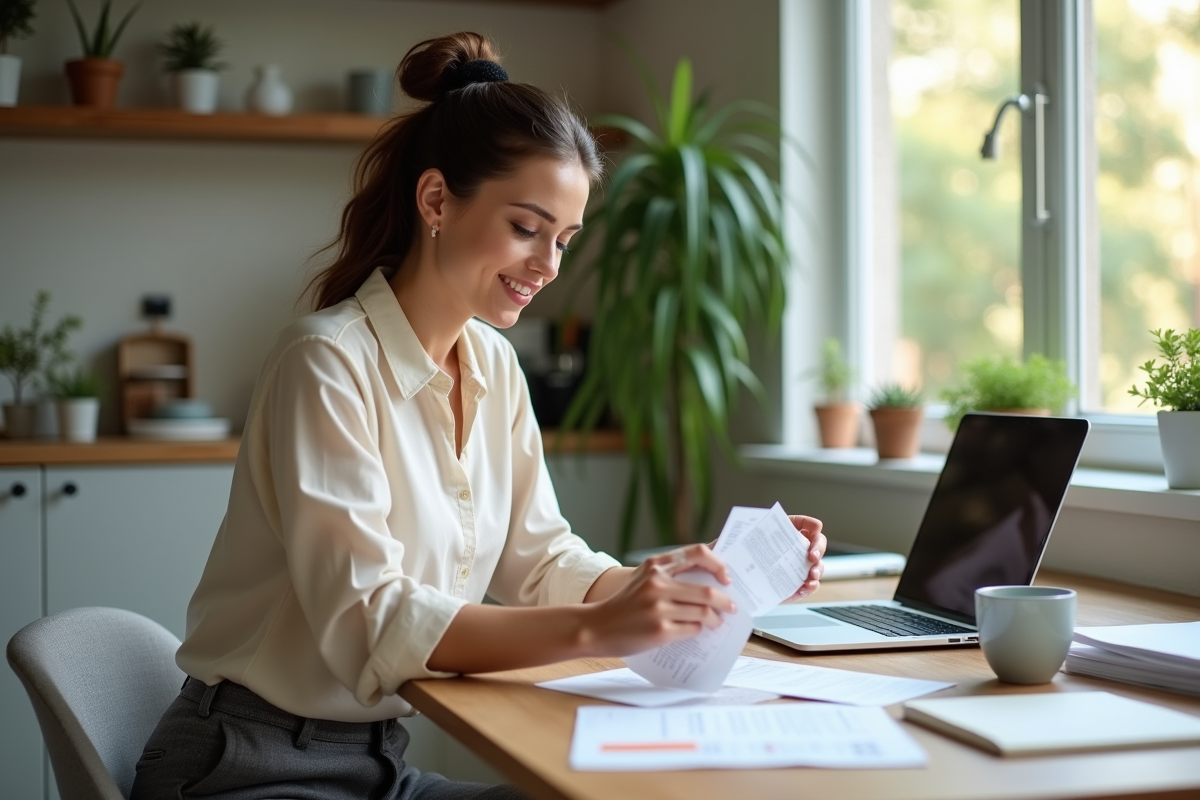 Jeune femme triant reçus dans une cuisine moderne