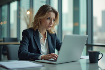 Femme concentrée travaillant sur son ordinateur dans un bureau moderne