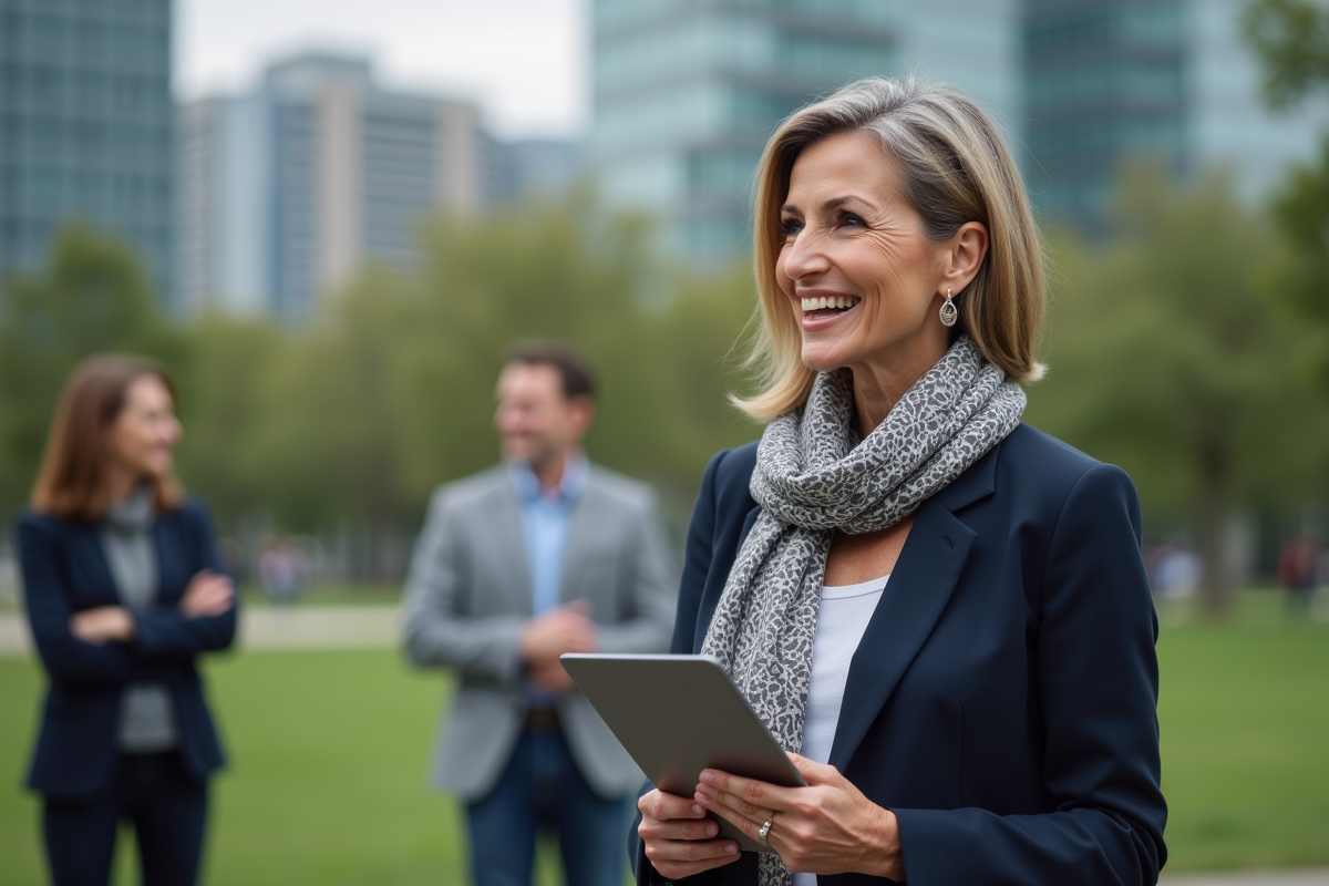 Femme confiante parlant avec un groupe en extérieur urbain