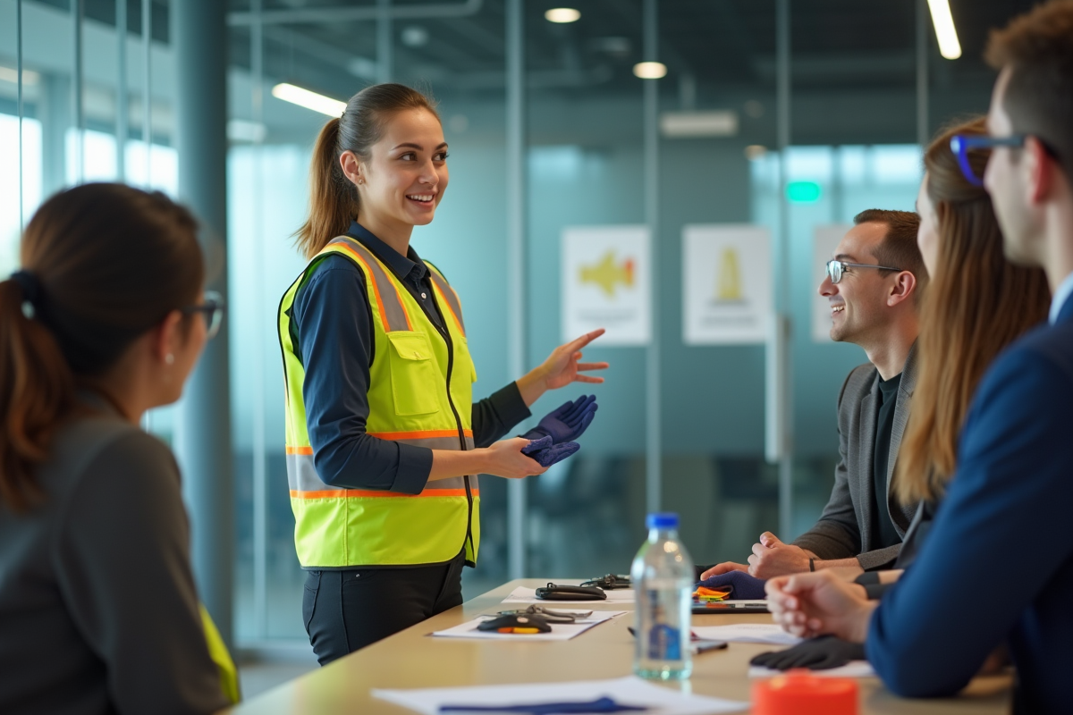 Jeune femme formant des employés aux équipements de protection