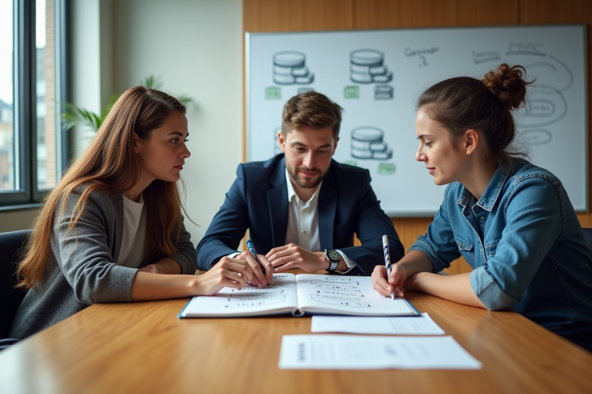 Groupe de trois personnes discutant autour d