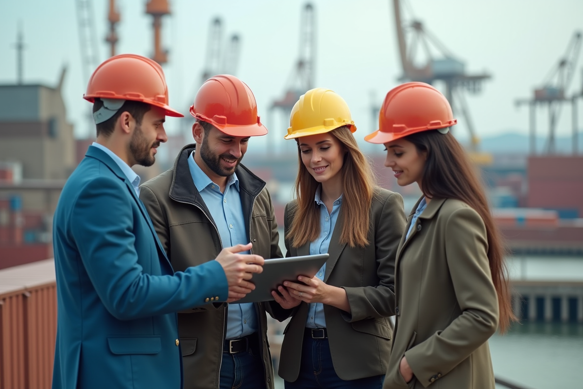 Groupe de professionnels examinant une tablette sur un site industriel