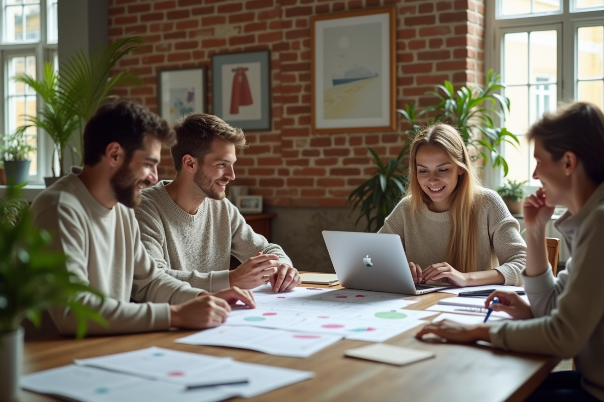 Groupe de collègues en réunion dans un espace de travail convivial