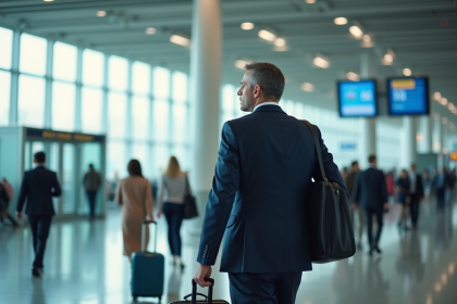 Homme d'affaires dans un a&eacute;roport en d&eacute;placement