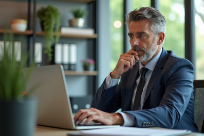 Homme d'affaires lisant des avis en ligne dans un bureau moderne