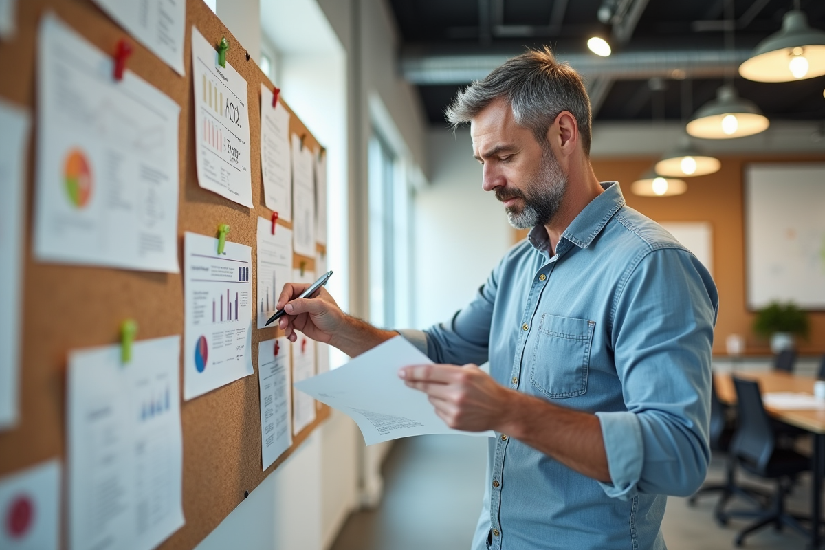 Homme annotant un tableau de reports et notes