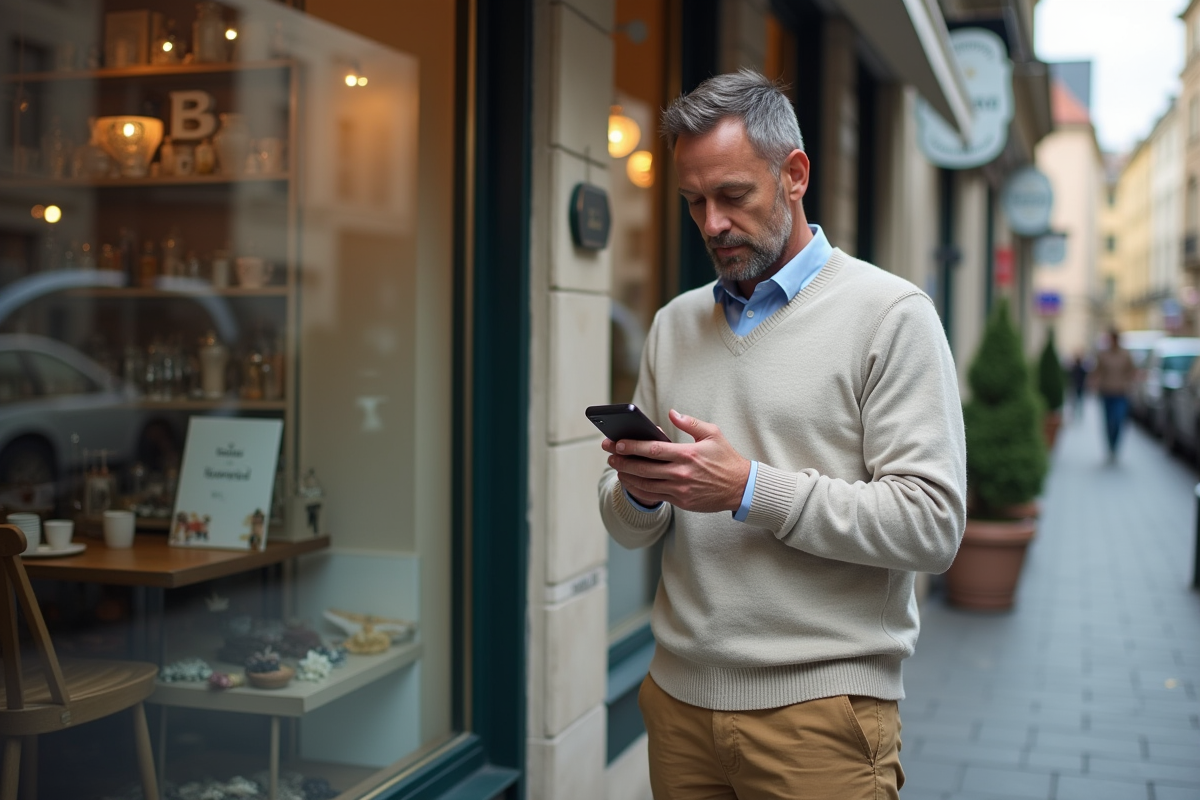 Homme vérifiant credentials en face d une boutique