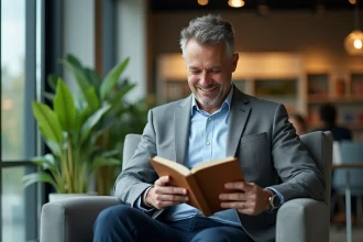 Homme comptable souriant lisant un livre dans un lounge moderne