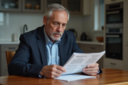 Homme québécois lisant un document Bill 63 dans la cuisine