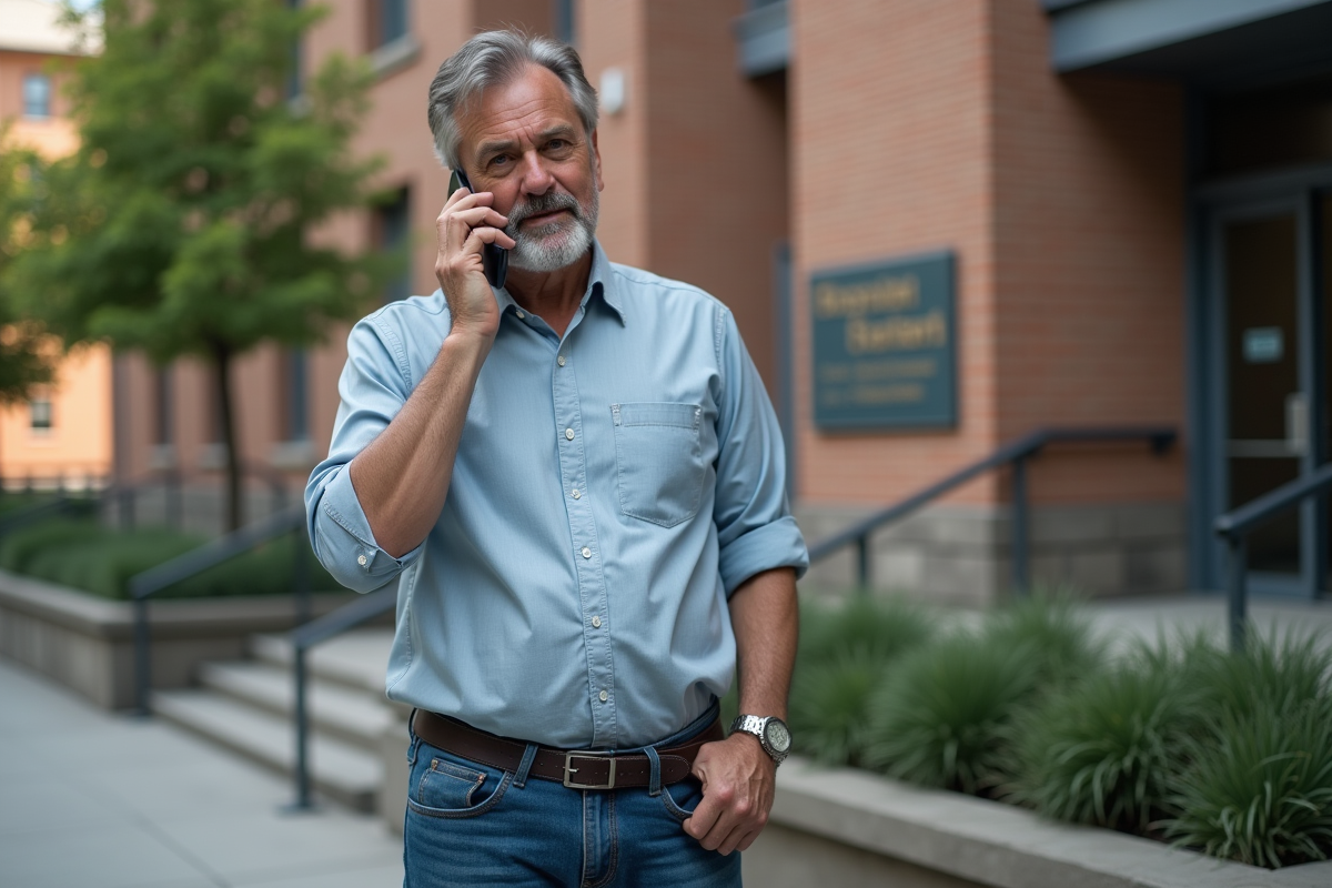 Homme parlant au téléphone devant un bâtiment municipal