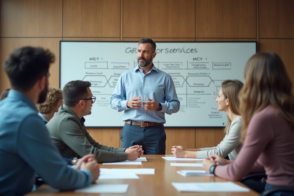 Homme présentant des rapports à une équipe lors d