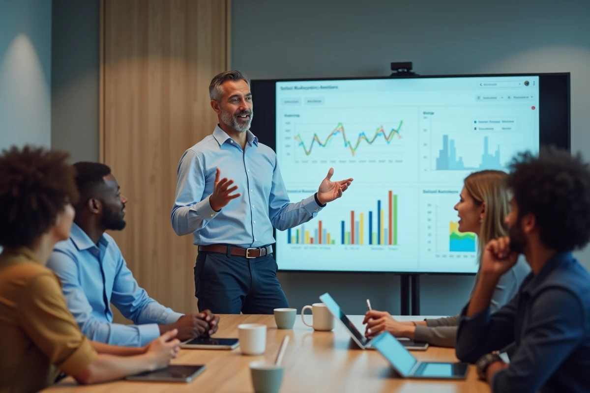 Homme en présentation de tendances marketing en réunion