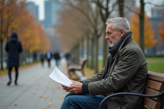 Homme assis seul sur un banc en ville avec une demande d emploi froissée