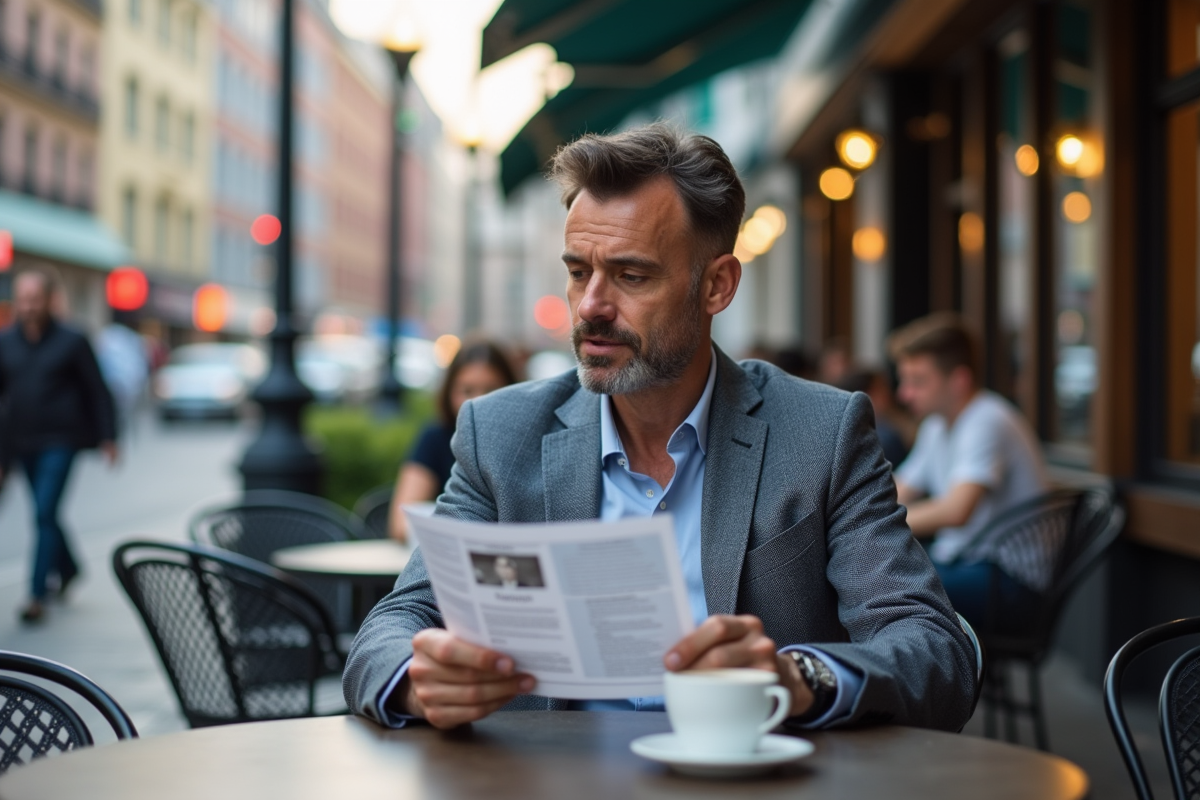 Homme tenant un flyer imprimé dans un café en ville