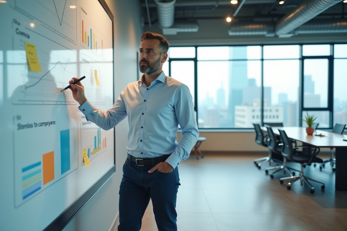 Homme en réunion expliquant des métriques sur tableau blanc