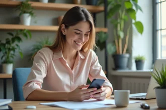 Jeune femme professionnelle utilisant son smartphone dans un bureau moderne