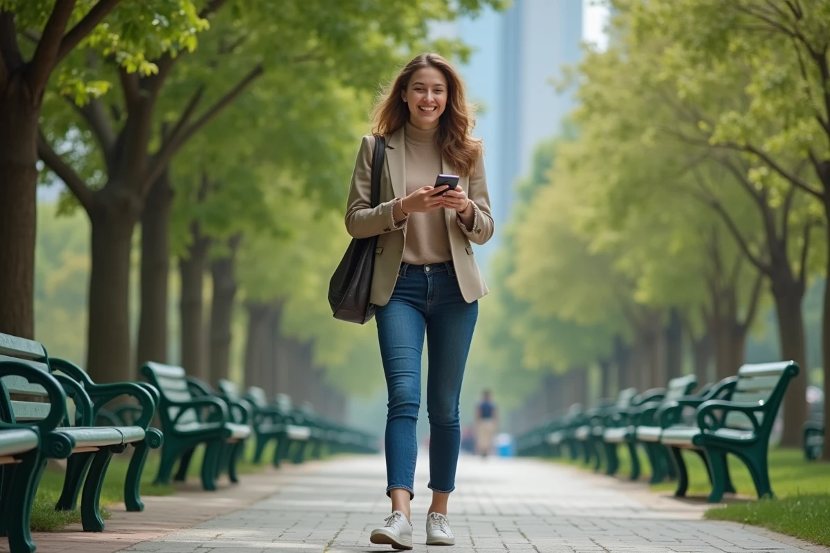 Jeune femme comptable souriante marchant dans un parc urbain