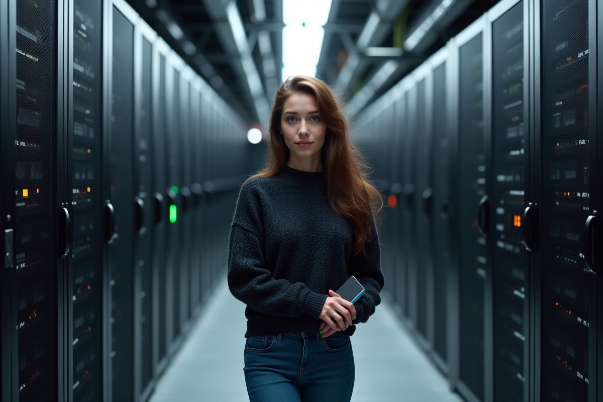 Jeune femme avec disque dur dans un centre de données sécurisé