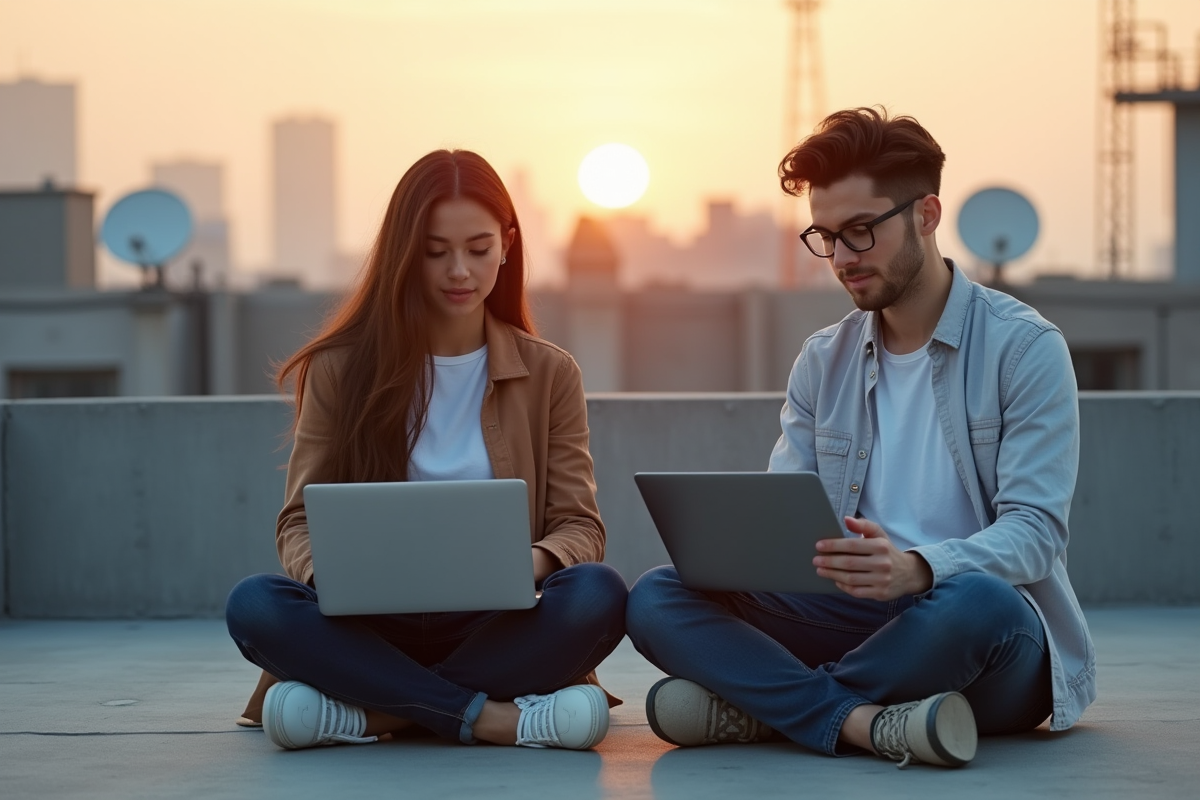 Jeune femme et homme travaillant sur leurs appareils urbains