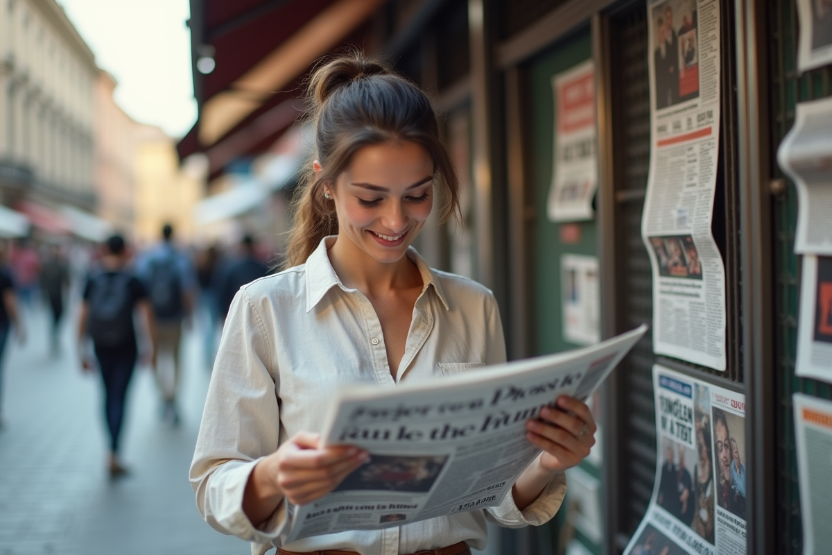 Jeune femme regardant des journaux à un stand de presse en plein air
